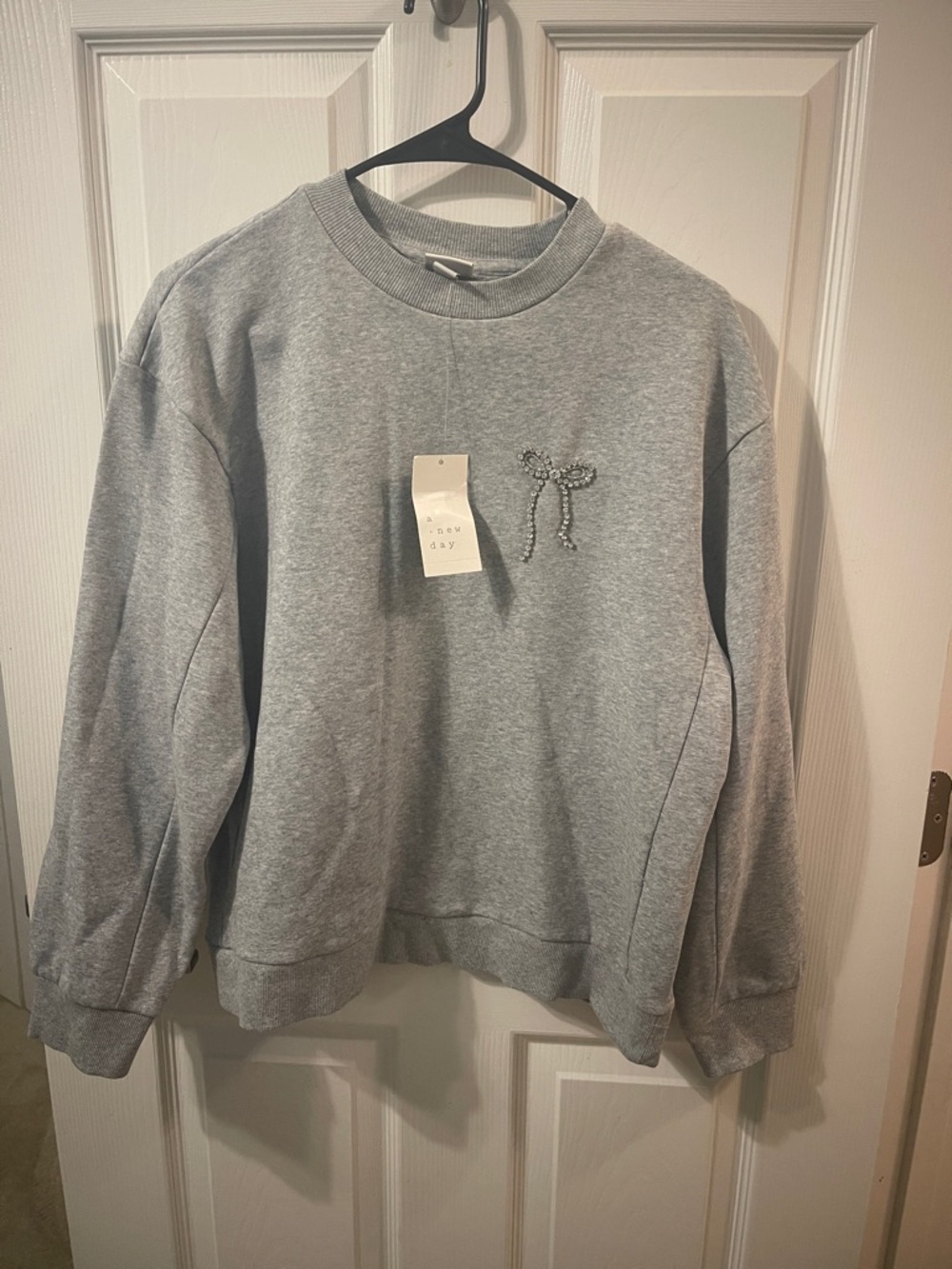 a new day Light Gray Crewneck Sweater with Rhinestone Bow Accent
